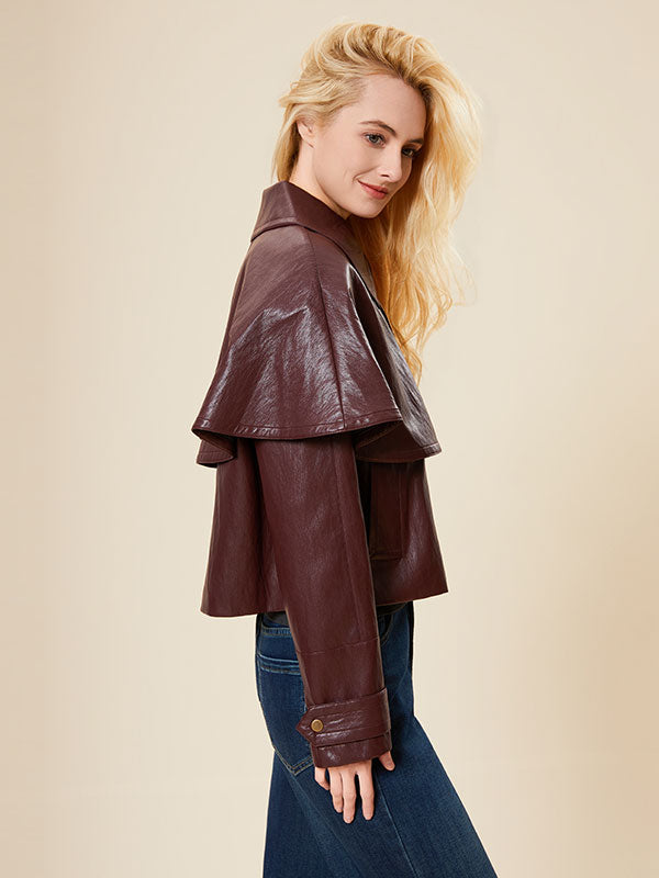 Fold Over Collar Solid Poncho Leather Jacket