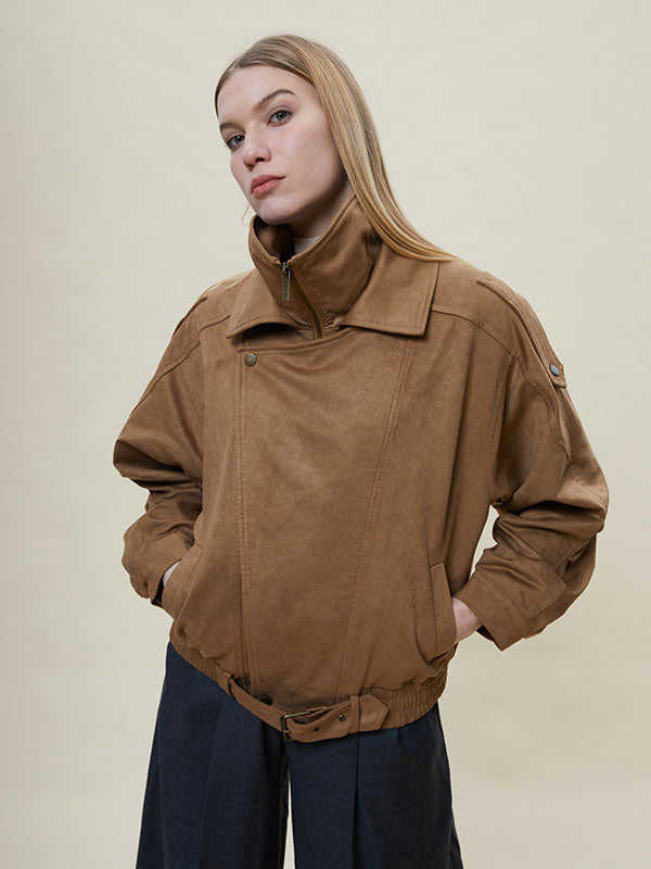 Meilade Lapel Belt Zipper Jacket