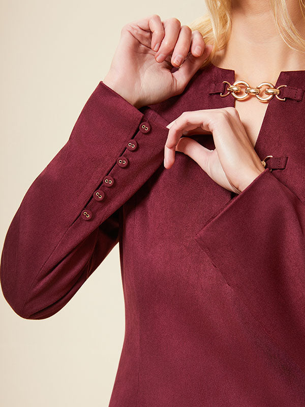 V Neck Metal Chain Solid Mini Dress