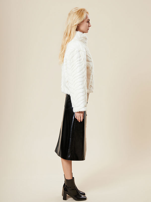 Elegant Band Collar Zipper Solid Fur Coat