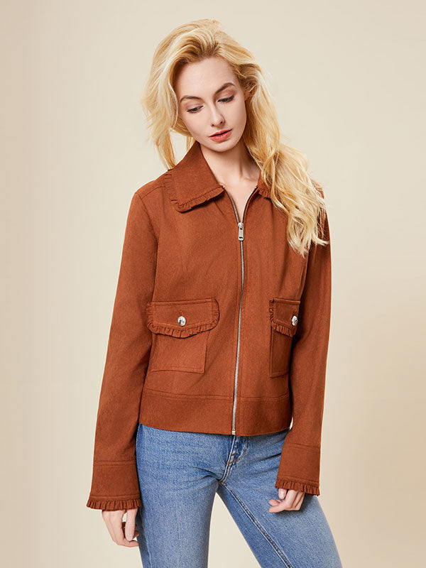 Ruffle Trim Flap Pocket Zipper Solid Jacket