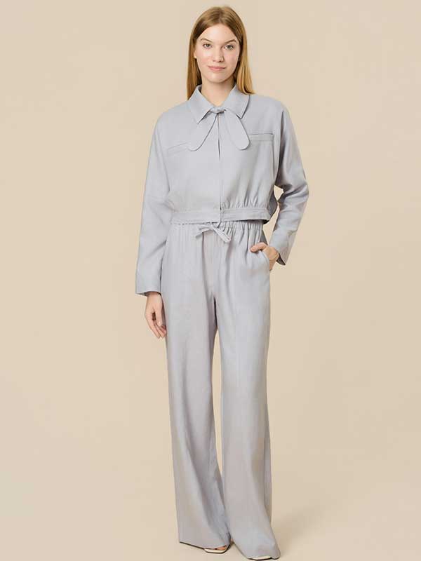 Tie Collar Drawstring Solid Outfit Sets