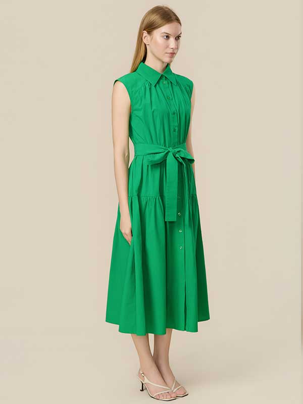Button Down Collar Belt Maxi Dress