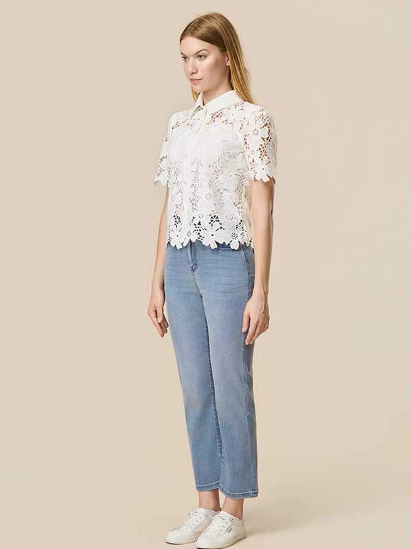 Floral Hollow Out Solid Shirt