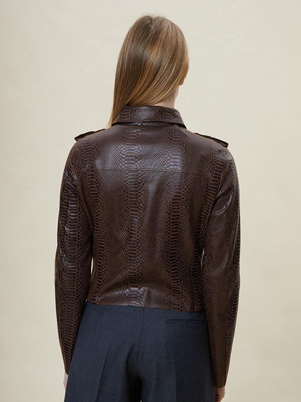 Notch Lapel Animal Printed Leather Jacket