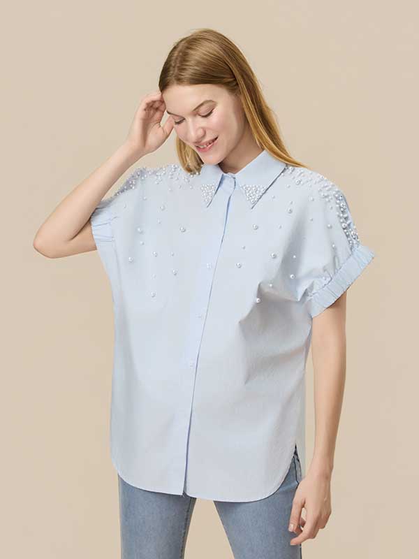 Ruffle Trim Beading Patcwork Shirt