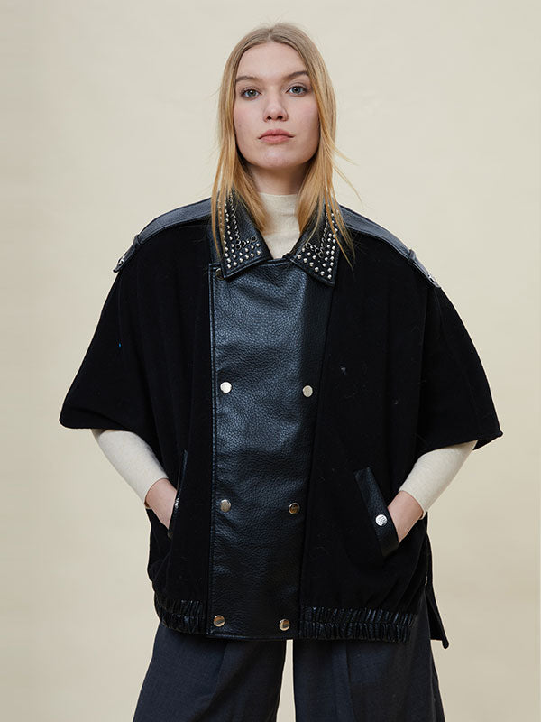 Rivet Fold Over Collar Patchwork Jacket