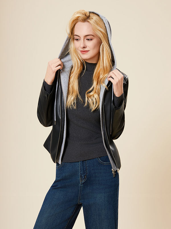 Hooded Color Block Zipper Leather Jacket