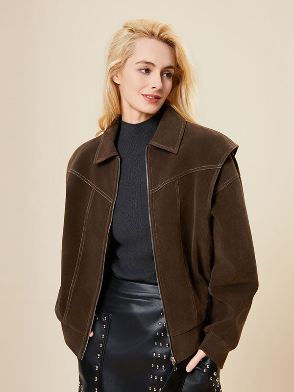 Contrast Stitching Zipper Fold Over Collar Jacket