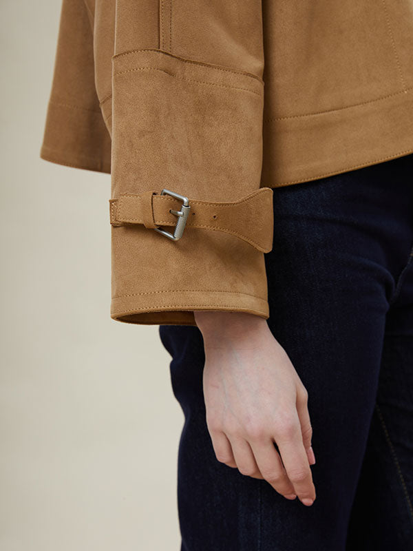 Fold Over Collar Zipper Solid Jacket