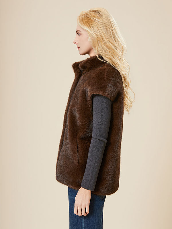 Warm Band Collar Single Breasted Fur Vest