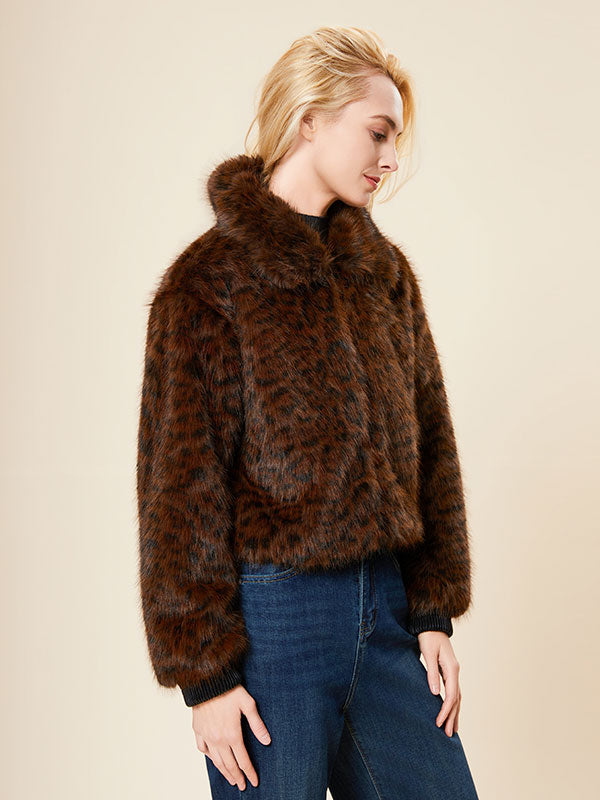 Leopard Fold Over Collar Zipper Fur Coat