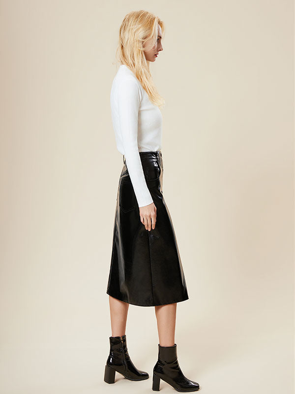 Black Single Breasted Solid Leather Midi Skirt