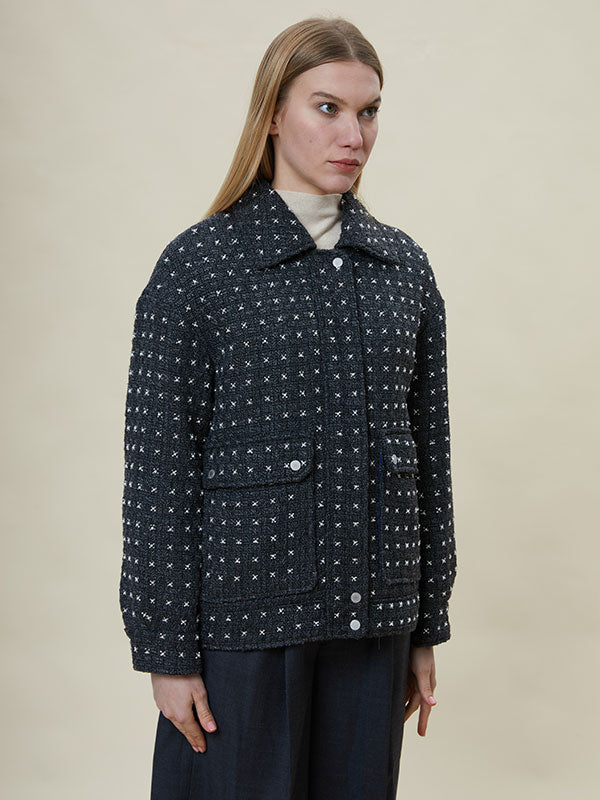 Beading Flap Pocket Zipper Jacket