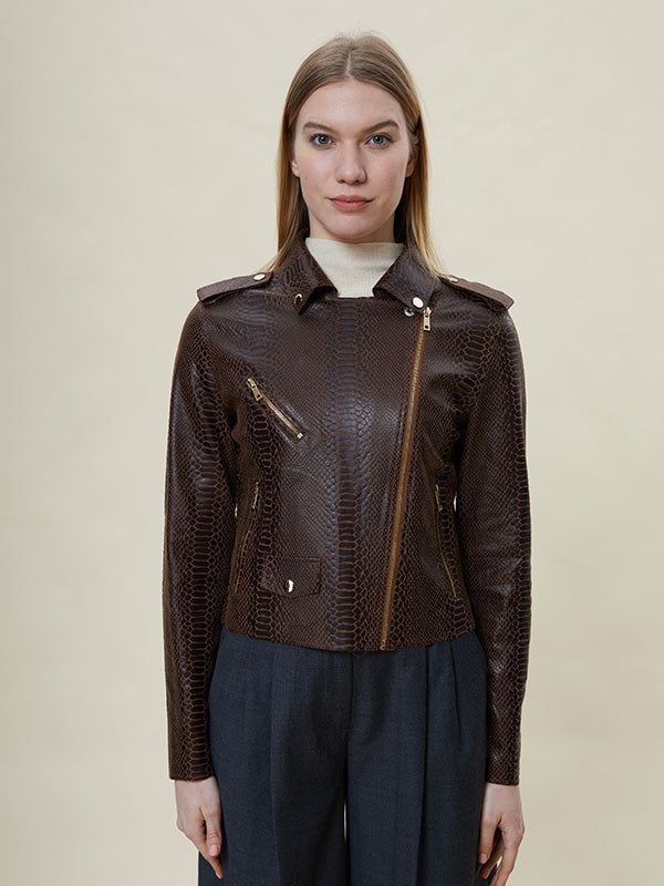 Notch Lapel Animal Printed Leather Jacket