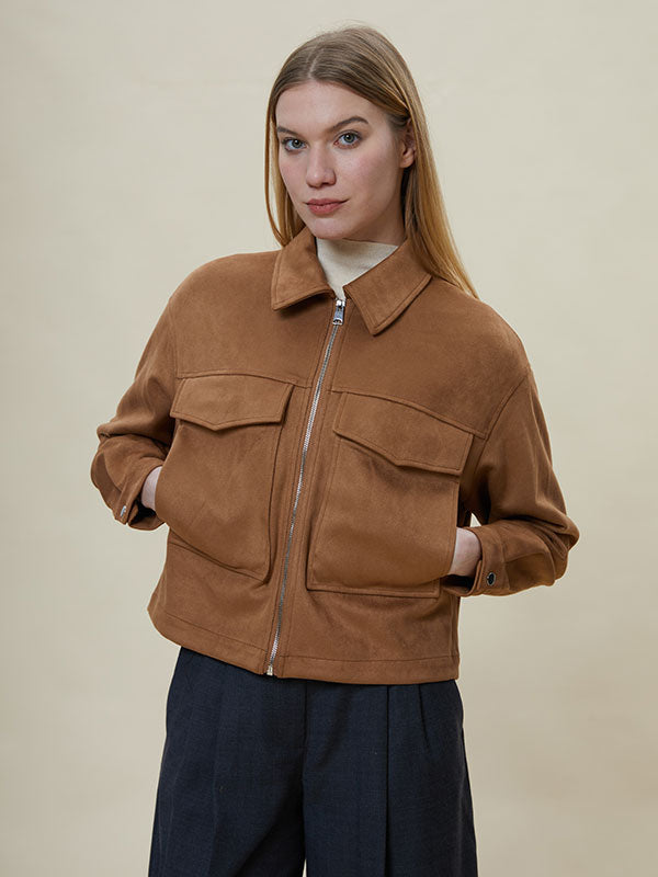 Flap Pocket Zipper Brown Jacket