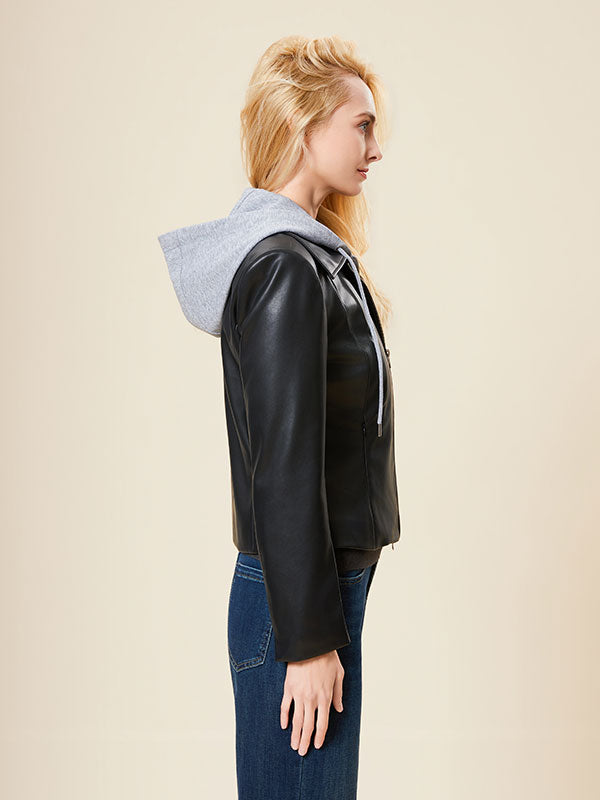 Hooded Color Block Zipper Leather Jacket