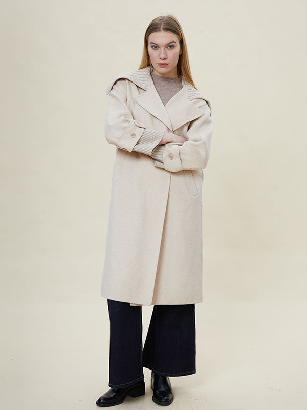 Lapel Rib Knit Cuffs Patchwork Coat