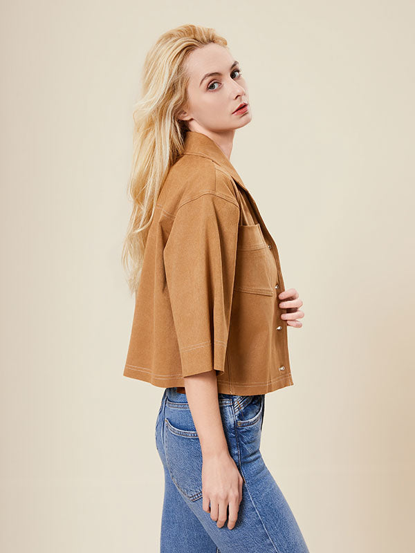 Notch Lapel Patch Pocket Solid Blouse