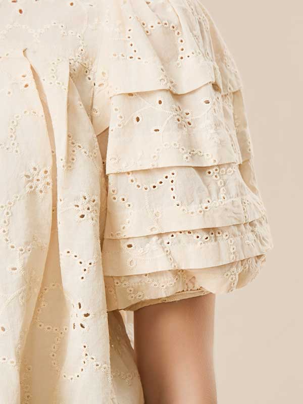 Flounce Hollow Out Crew Neck Blouse