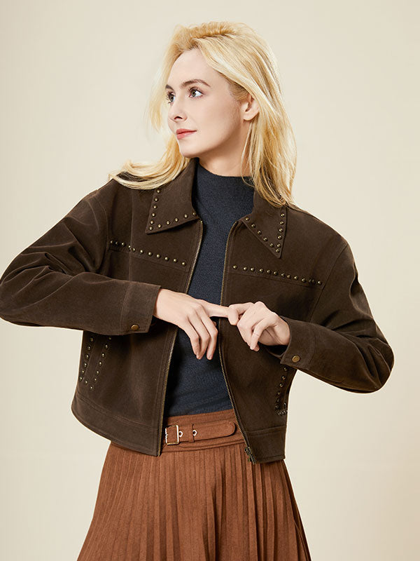 Fold Over Collar Rivet Zipper Brown Jacket