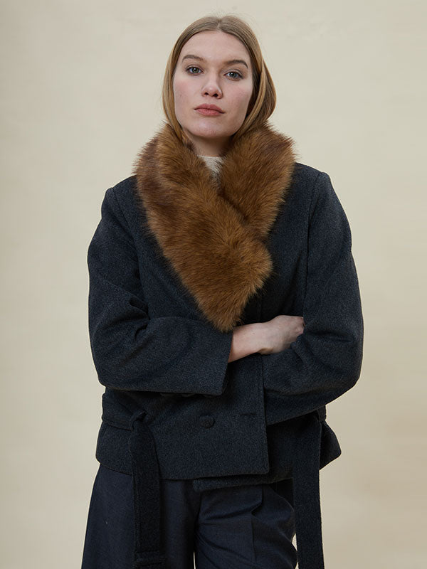 Fur Collar Blet Double Breasted Coat
