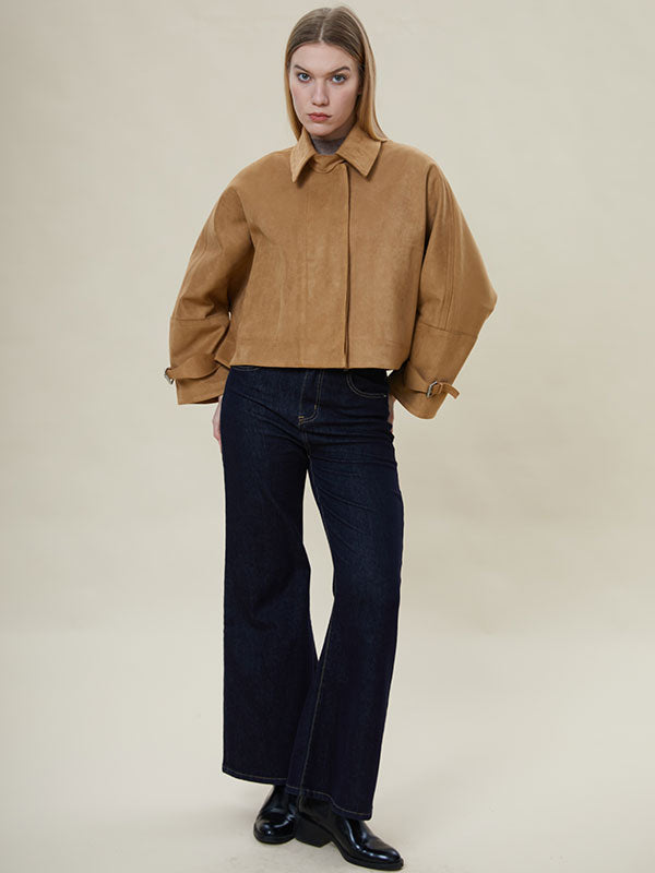 Fold Over Collar Zipper Solid Jacket