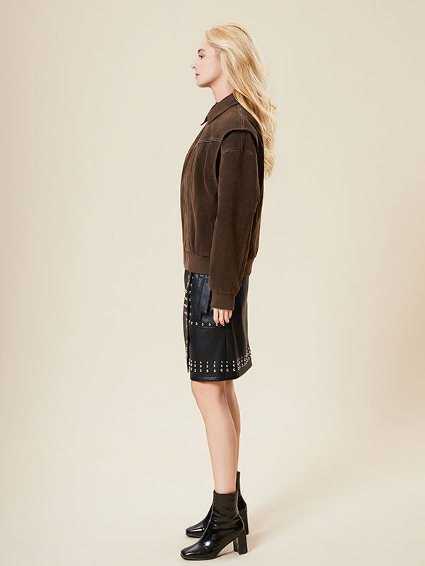 Contrast Stitching Zipper Fold Over Collar Jacket