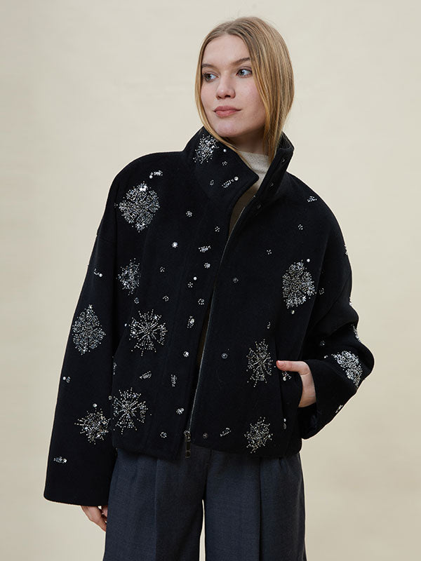 Shinning Band Collar Beading Outwear