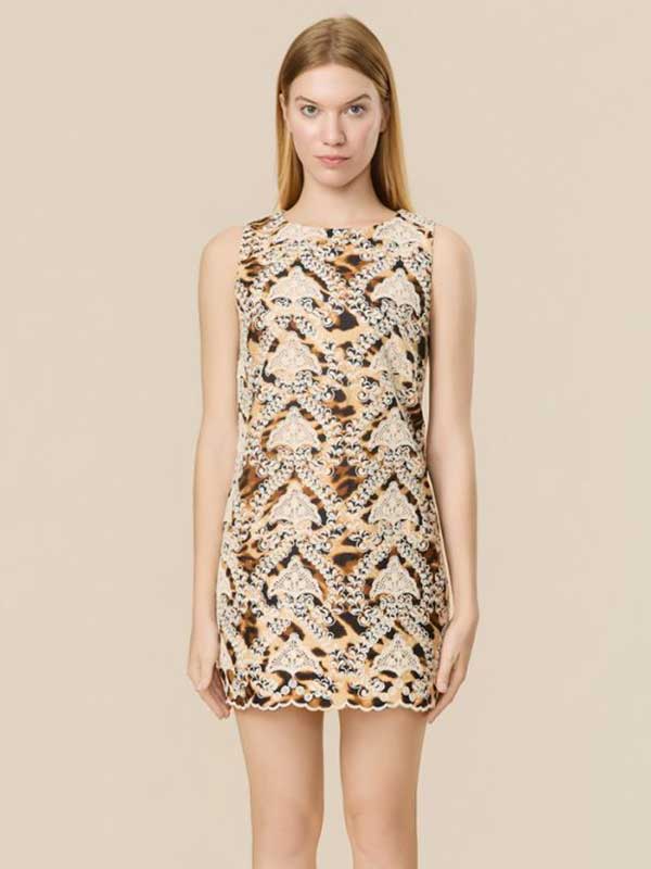 Animal Printed Decorative Lace Mini Dress