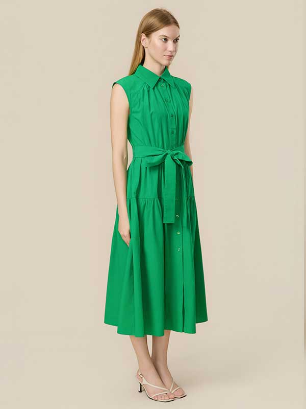 Button Down Collar Belt Maxi Dress