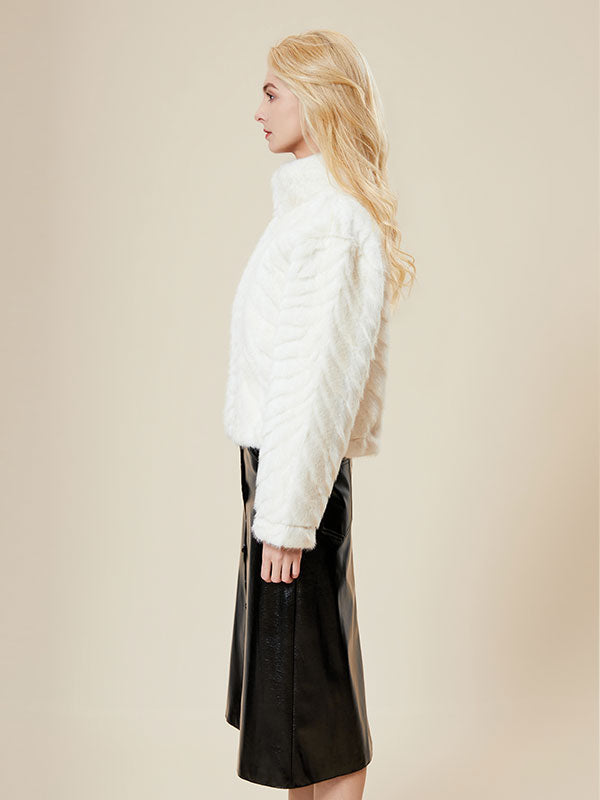 Elegant Band Collar Zipper Solid Fur Coat