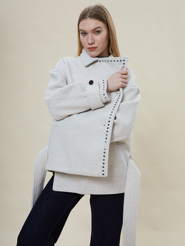 Notch Lapel Belt Diagonal Buttons Coat