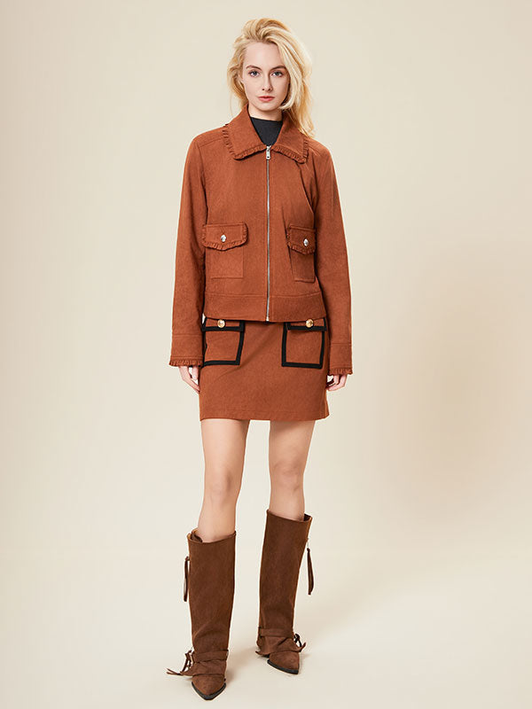 Ruffle Trim Flap Pocket Zipper Solid Jacket