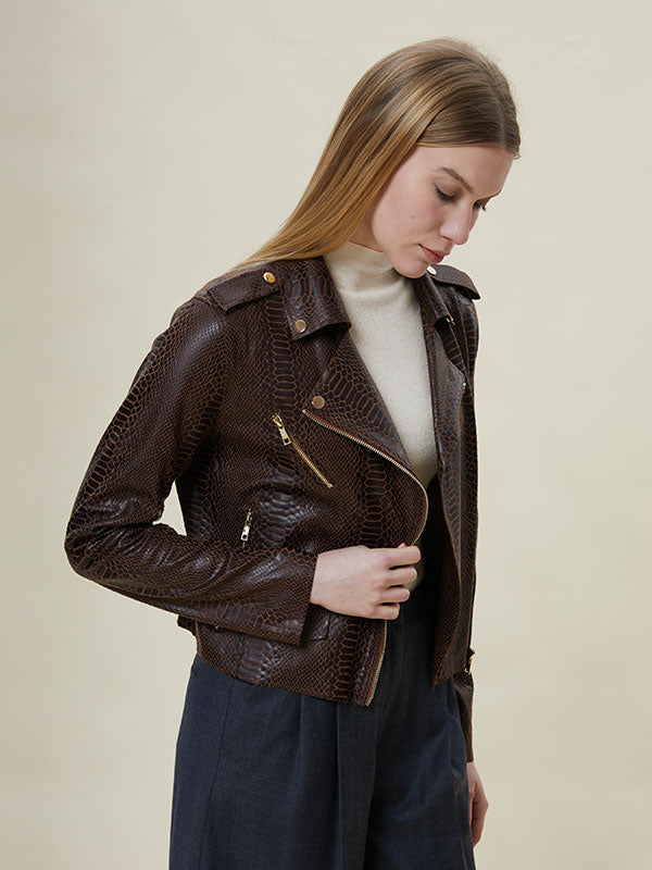 Notch Lapel Animal Printed Leather Jacket