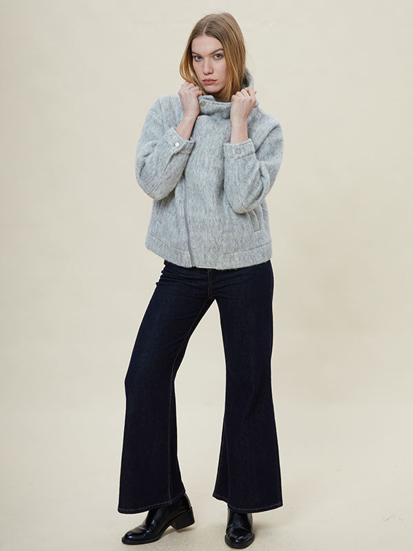 Gray Hooded Zipper Solid Jacket