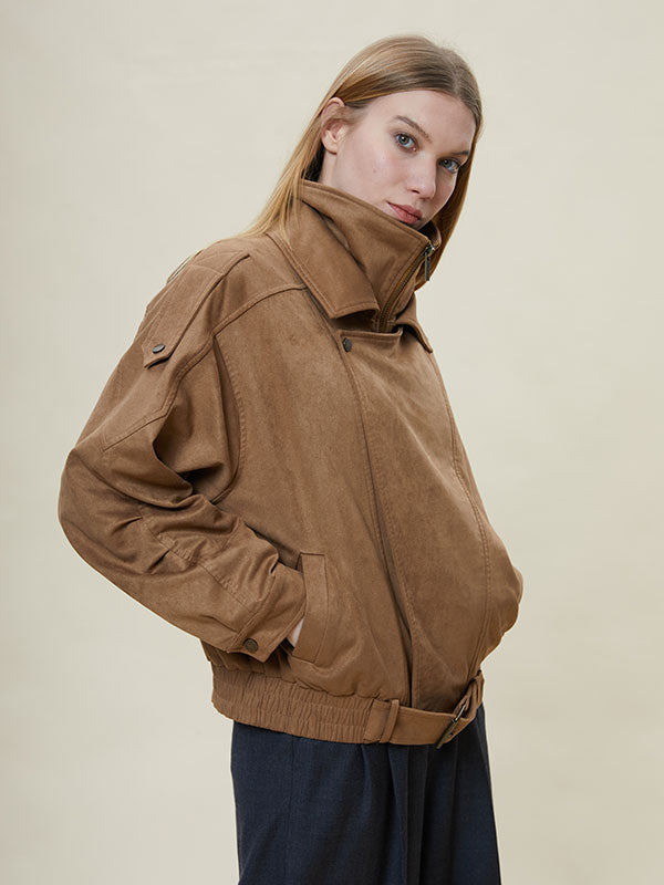 Meilade Lapel Belt Zipper Jacket