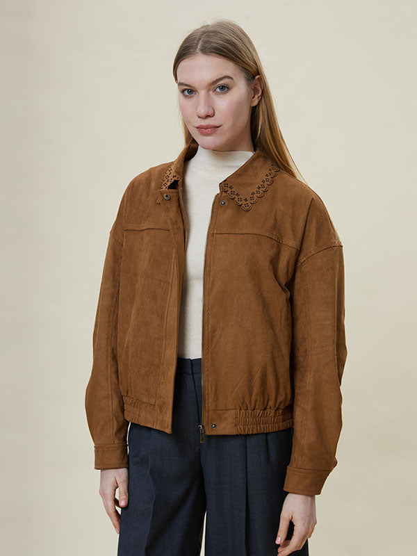 Fold Over Collar Elastic Waist Jacket