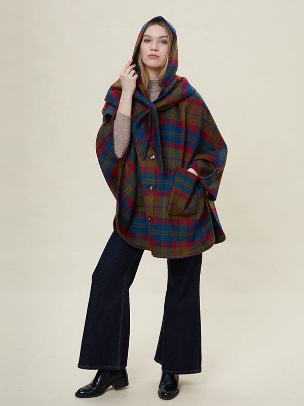 Hooded Single Breasted Checkered Coat