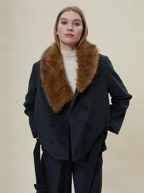 Fur Collar Blet Double Breasted Coat