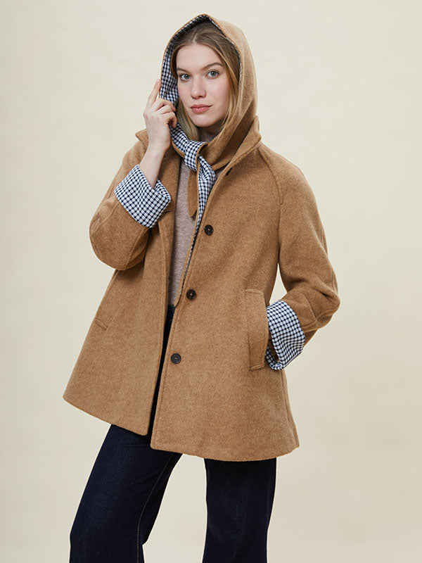 Hooded Checkered Patchwork Design Coat