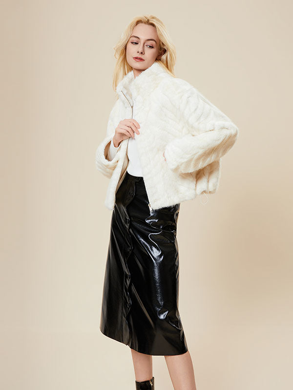 Elegant Band Collar Zipper Solid Fur Coat