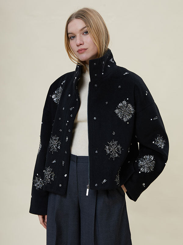 Shinning Band Collar Beading Outwear