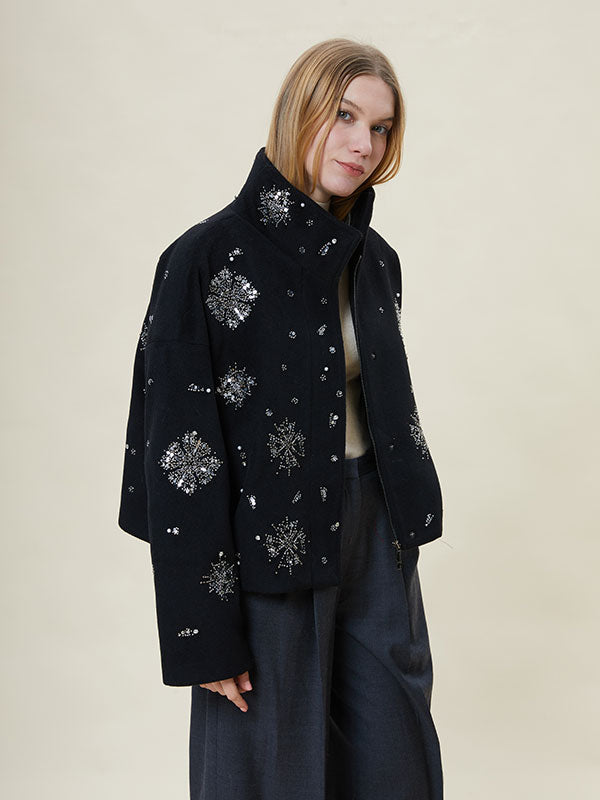 Shinning Band Collar Beading Outwear