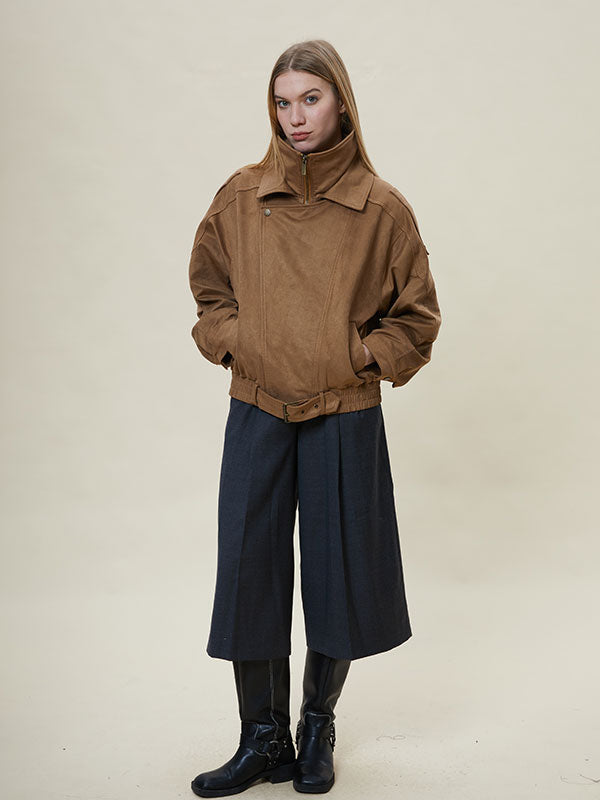 Meilade Lapel Belt Zipper Jacket