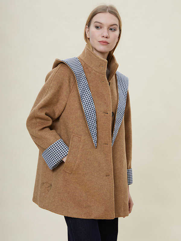 Hooded Checkered Patchwork Design Coat