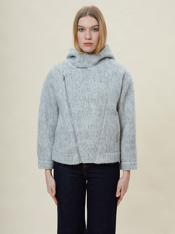 Gray Hooded Zipper Solid Jacket