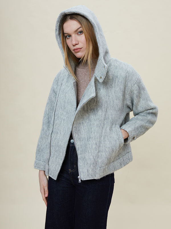 Gray Hooded Zipper Solid Jacket