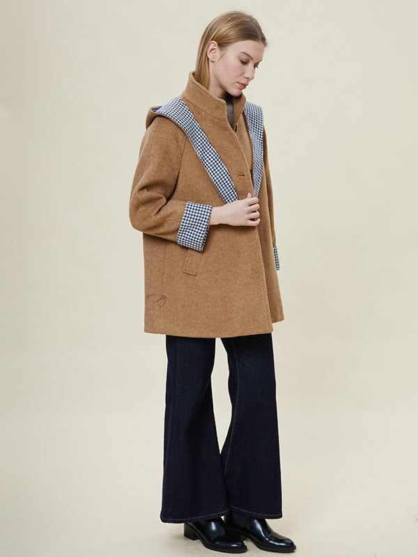 Hooded Checkered Patchwork Design Coat
