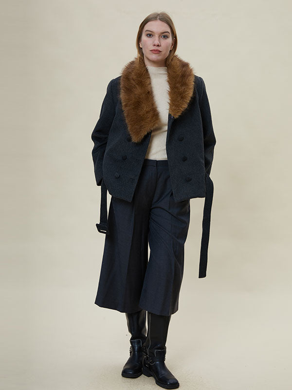 Fur Collar Blet Double Breasted Coat
